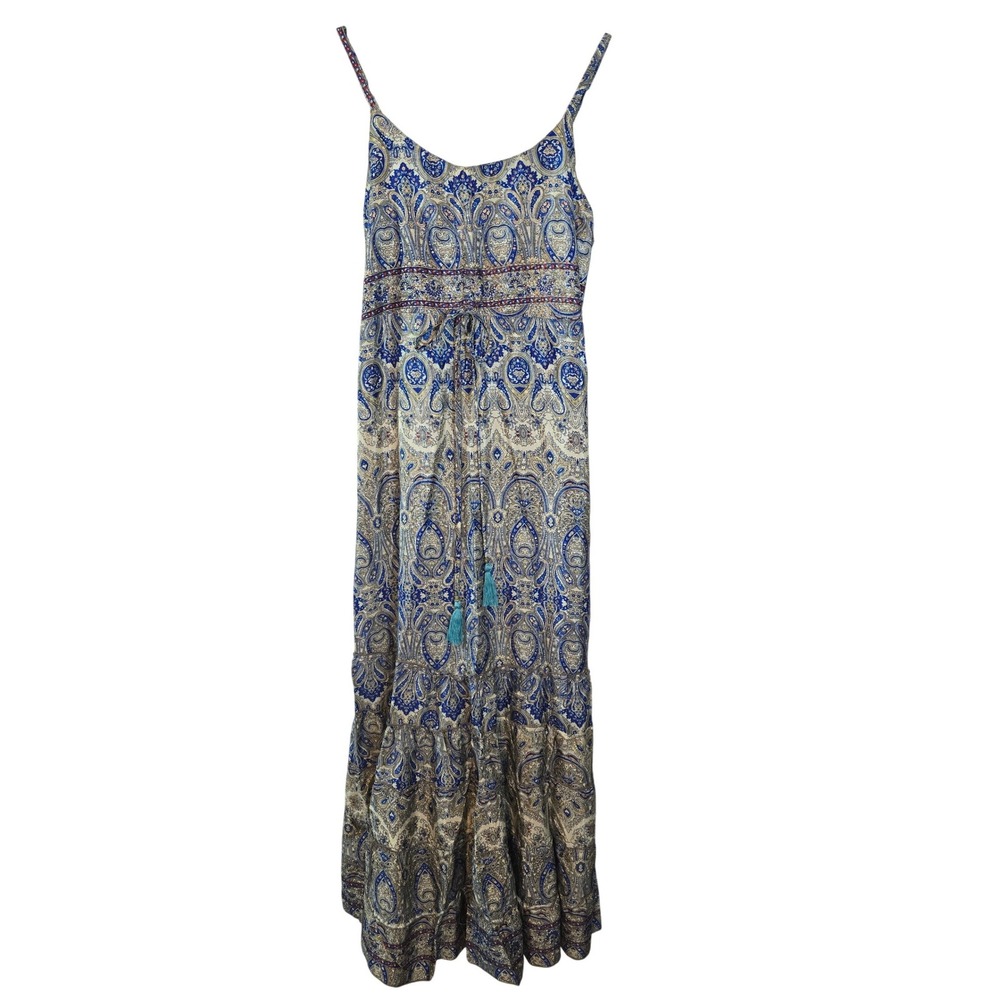 White Waves Blue Paisley Silk Blend Maxi Dress Boho Tiered Tassel Small NEW